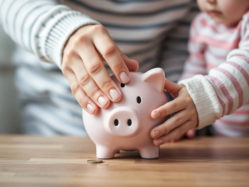 A close up of two hands, an adult and a child, putting coins