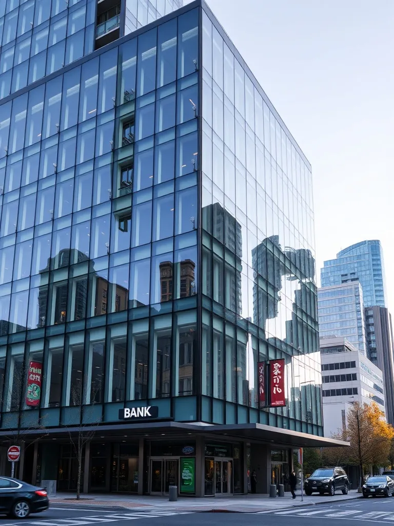 A professional architectural photo of a modern glass bank bu