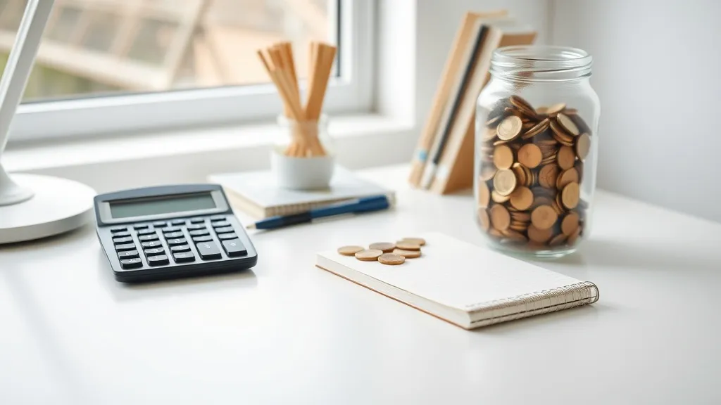 A clean, organized home office desk with a calculator, a not
